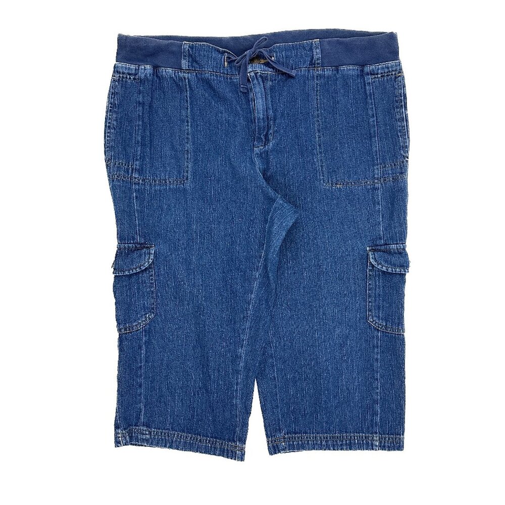 Basic Editions Cargo Capri Women 12 Blue Elastic Waist Drawstring Denim Jeans